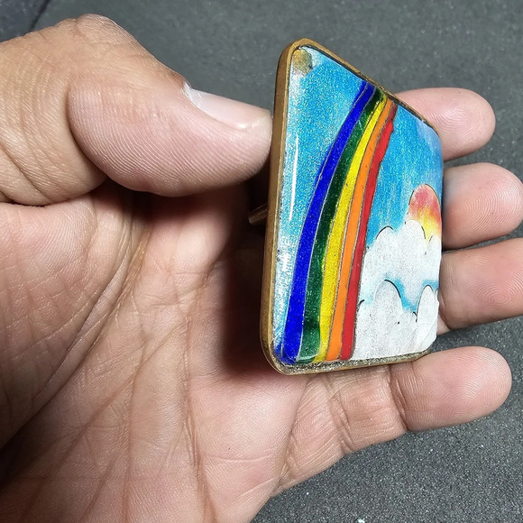 Vintage Brass Squared Hand Painted Rainbow With Clouds Enameled Belt Buckle - Picture 5 of 11